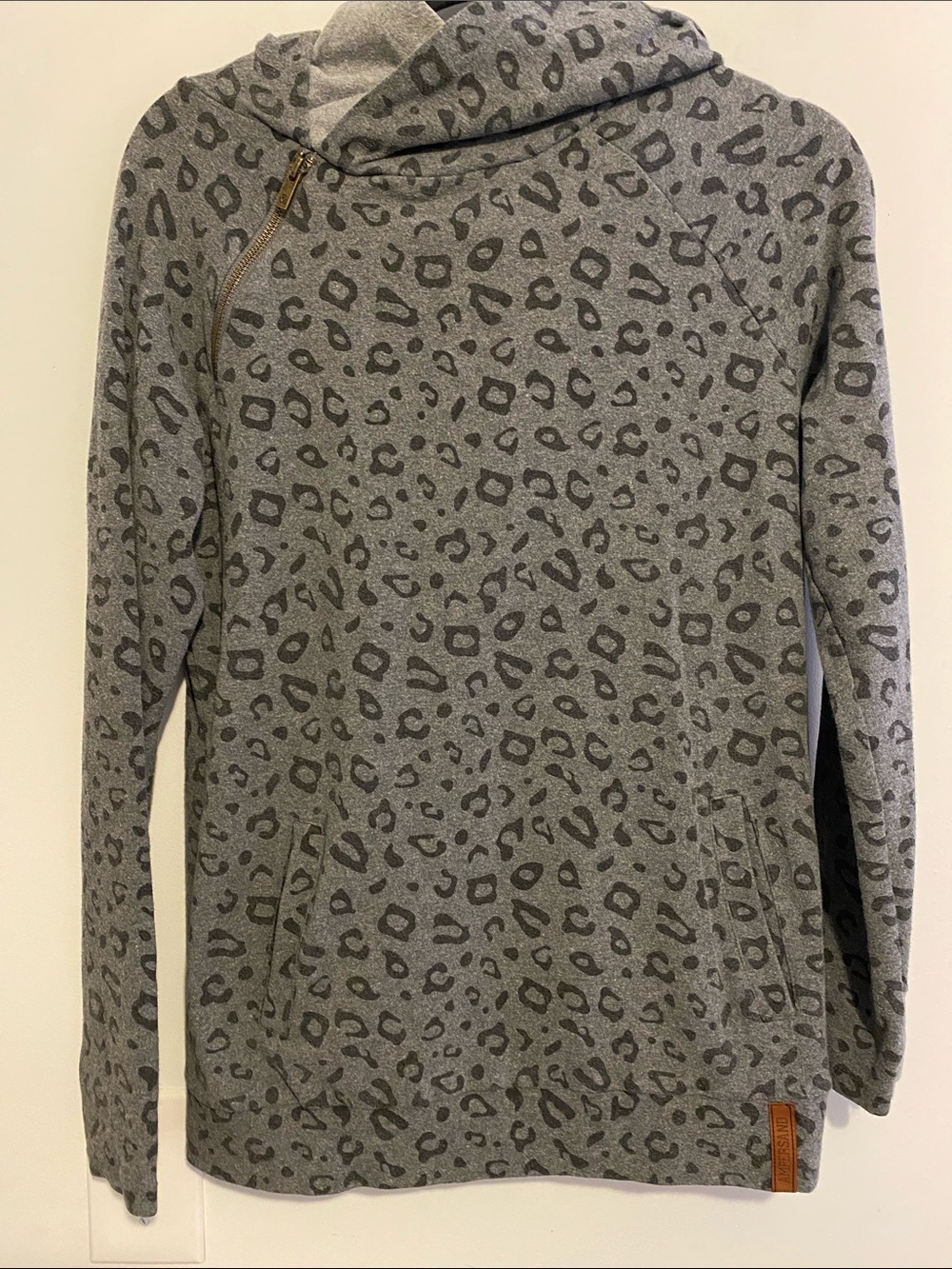 AMPERSAND AVE Gray Leopard Print Asymmetric Zip Hoodie, missing hood tie.